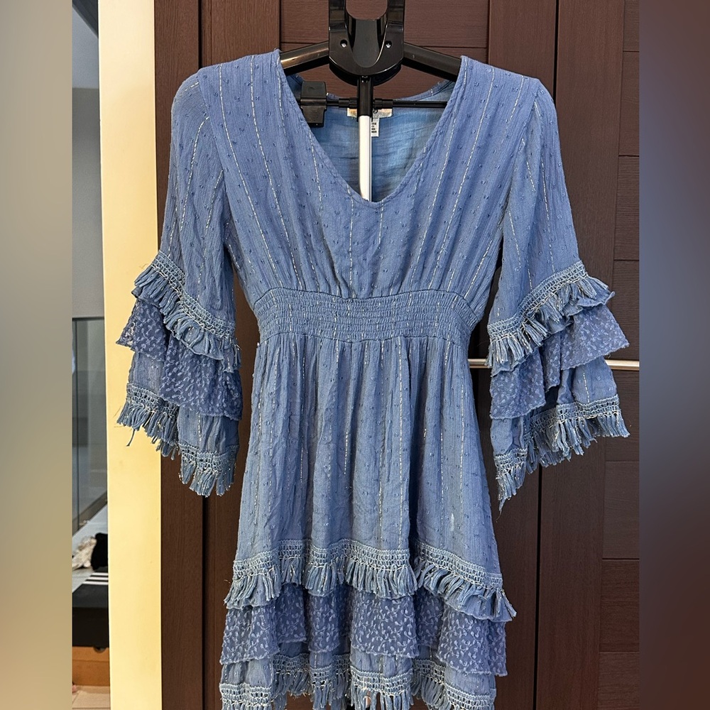 Blue Ruffled V-Neck Dress - Picture 1 of 7
